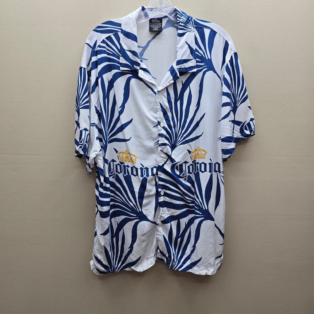 Corona Palm Leaves Button Front Shirt Hawaiian Beach White Blue SZ Large Vacay